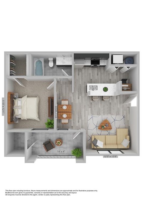 Floor plan for 1 bed, 1 bath, 640 sqft